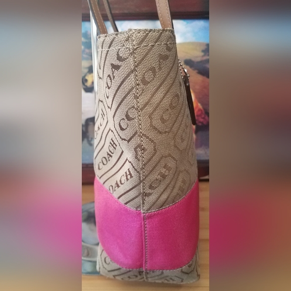 Coach Lozenge Brown Canvas Leather Trim Pink Stripe Zipper Closure Tote Bag - Picture 8 of 13